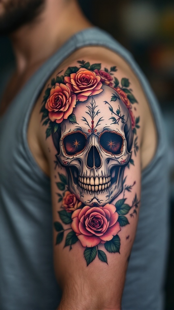 Detailed floral skull tattoo with roses on a man's arm