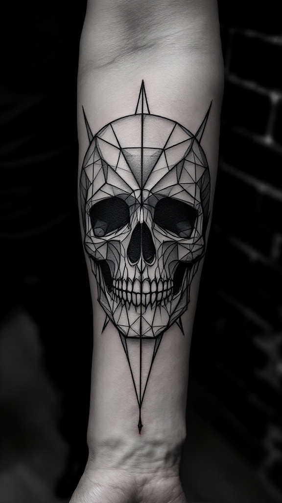 A geometric skull tattoo on a forearm featuring intricate line work and sharp angles.