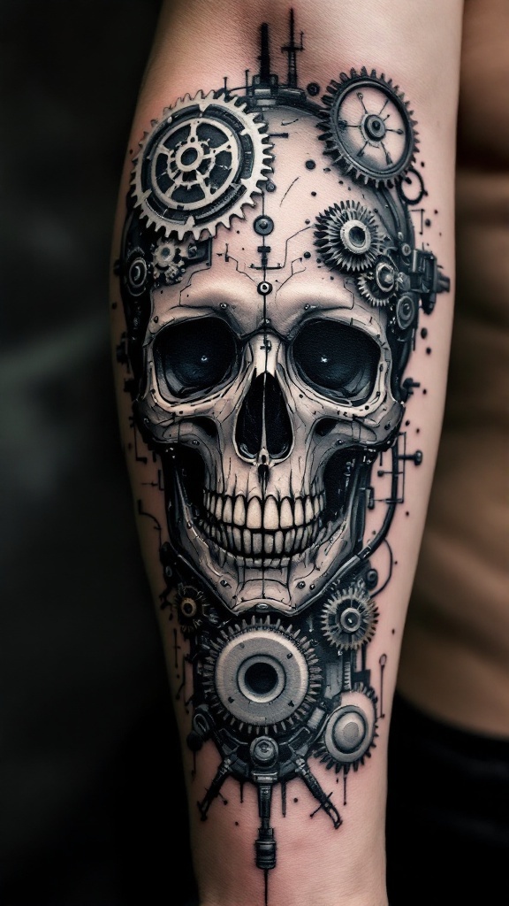 A detailed mechanical skull tattoo featuring gears and cogs, showcasing intricate black and grey shading.