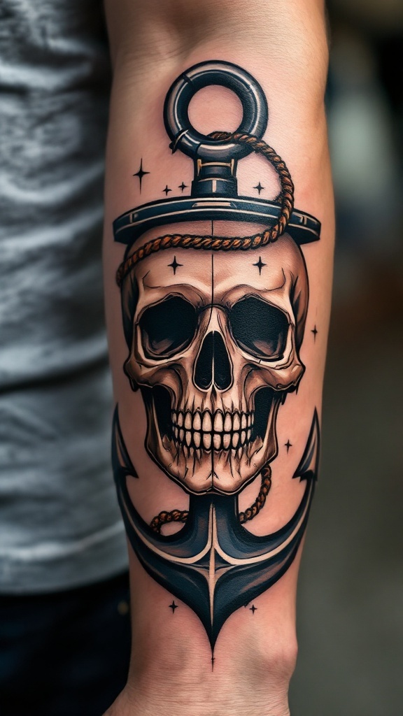 Nautical skull tattoo featuring a skull and anchor design with intricate details.