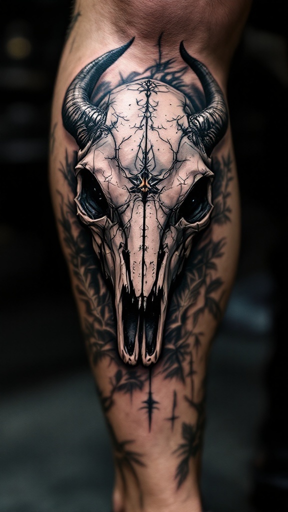 Realistic animal skull tattoo on a thigh, featuring intricate details, cracks, and surrounding designs.