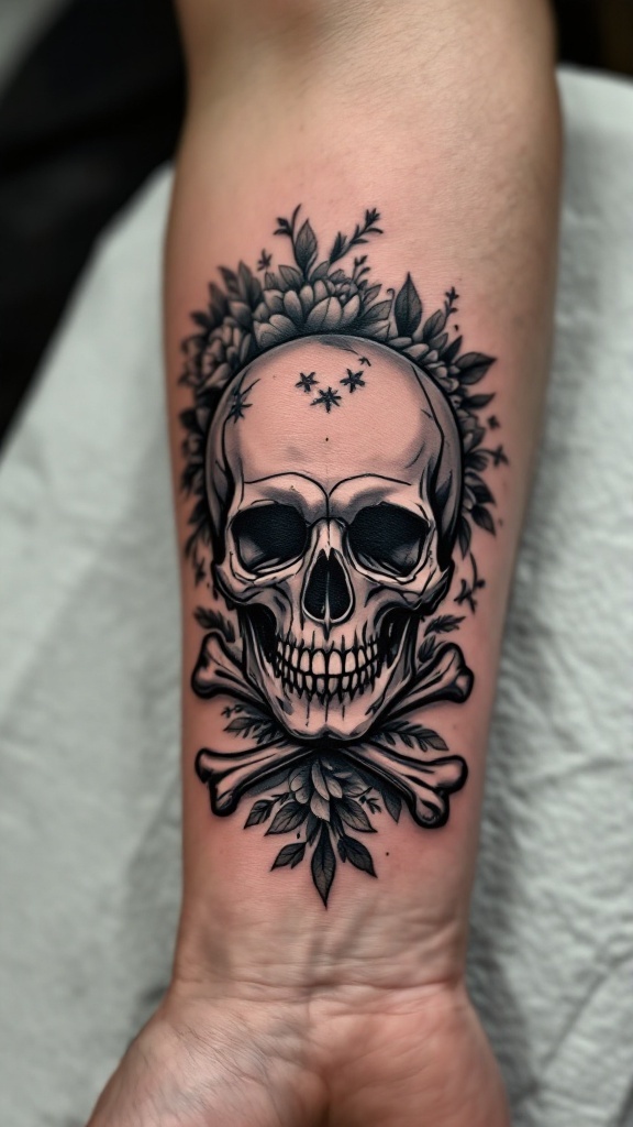 A tattoo of a skull and crossbones with floral accents on a forearm.