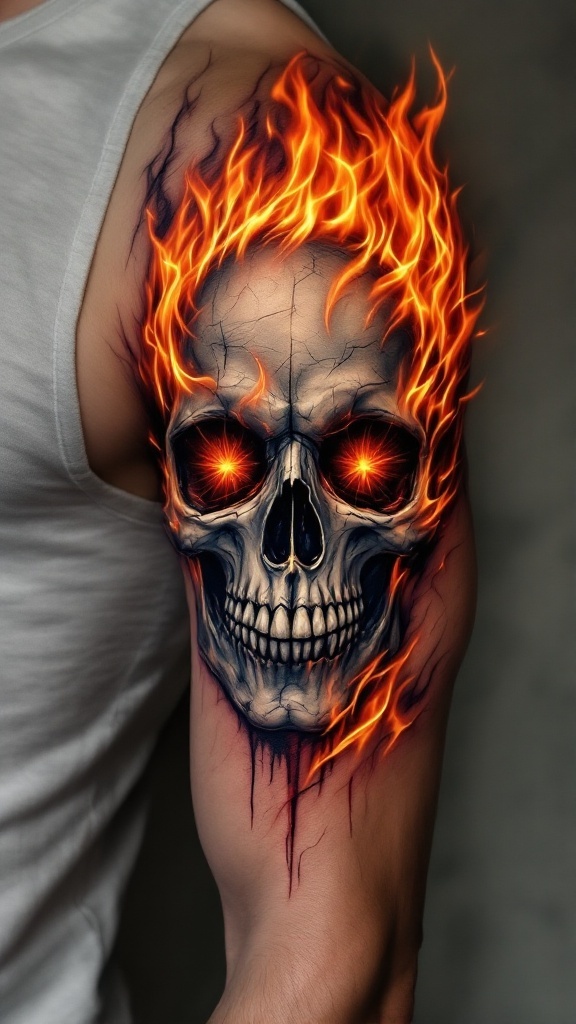 A tattoo of a skull surrounded by flames on a man's arm, showcasing vivid colors and intricate details.