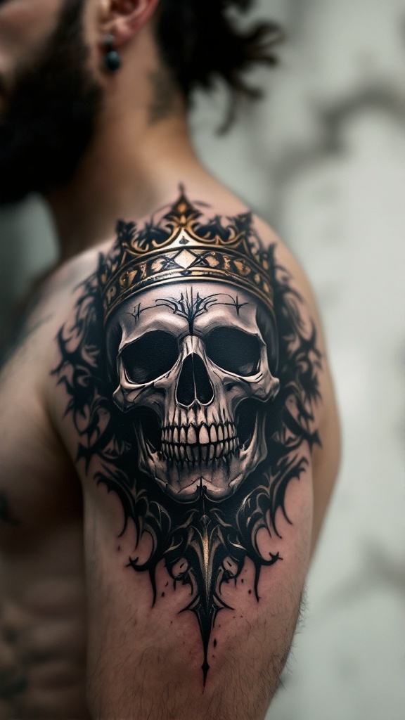 A tattoo of a skull wearing a crown on a man's arm