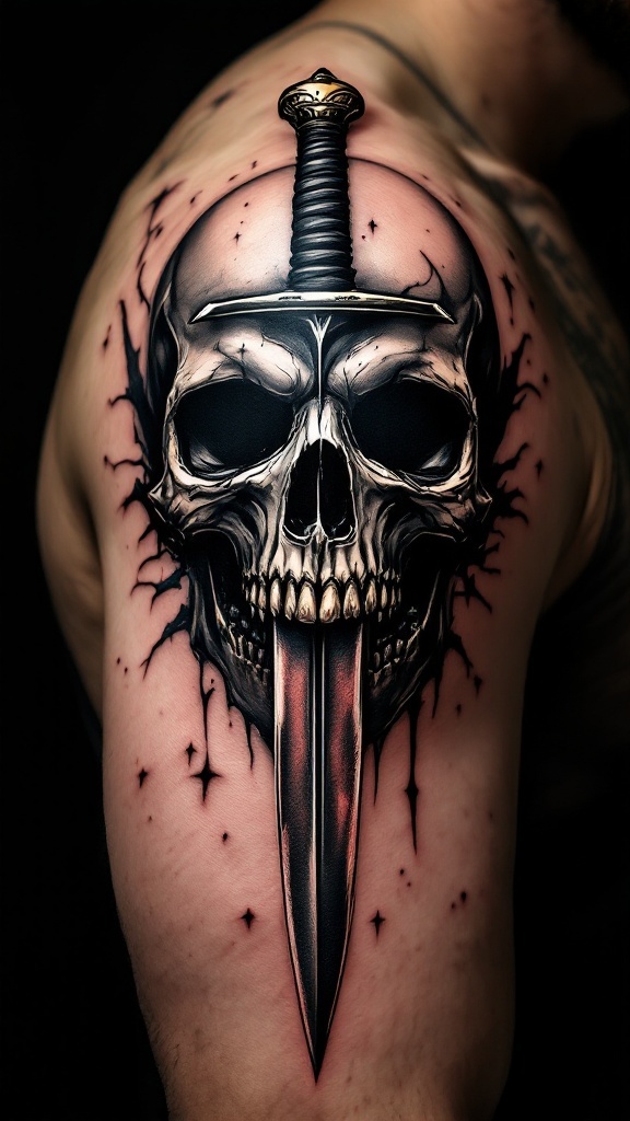 Detailed skull tattoo with a dagger through it on a shoulder