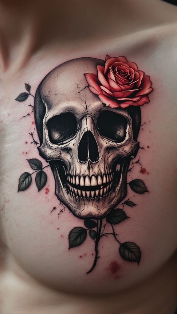 Tattoo design of a skull with a rose in its teeth, featuring detailed artistry and vibrant colors.