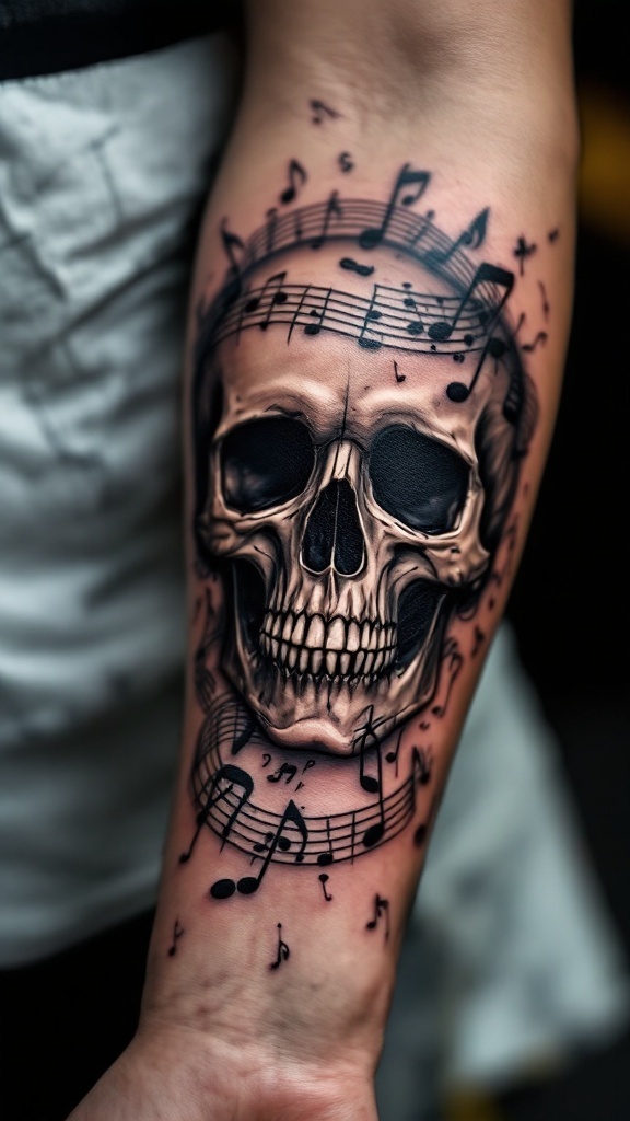 A tattoo of a skull surrounded by music notes on a man's forearm.