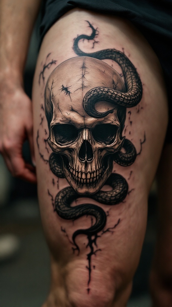 A detailed tattoo of a skull with a snake coiling around it on a man's thigh.