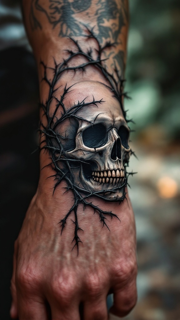 A detailed skull tattoo surrounded by thorny vines on a man's forearm.