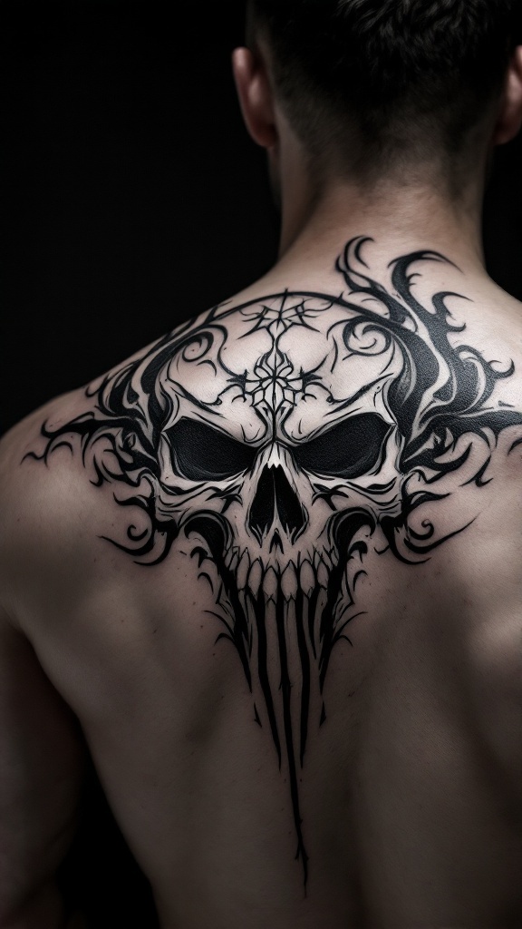 A large tribal skull tattoo on a man's back, featuring intricate patterns around the skull.