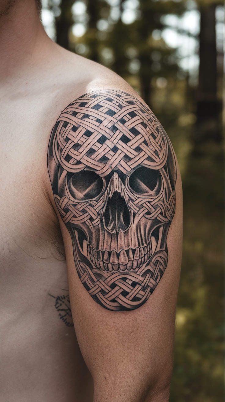 Celtic knot skull tattoo on a man's shoulder