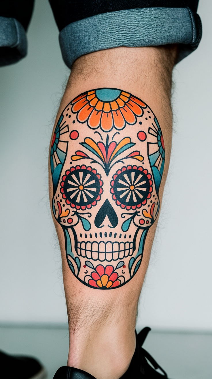 A colorful Day of the Dead Sugar Skull tattoo on a man's calf