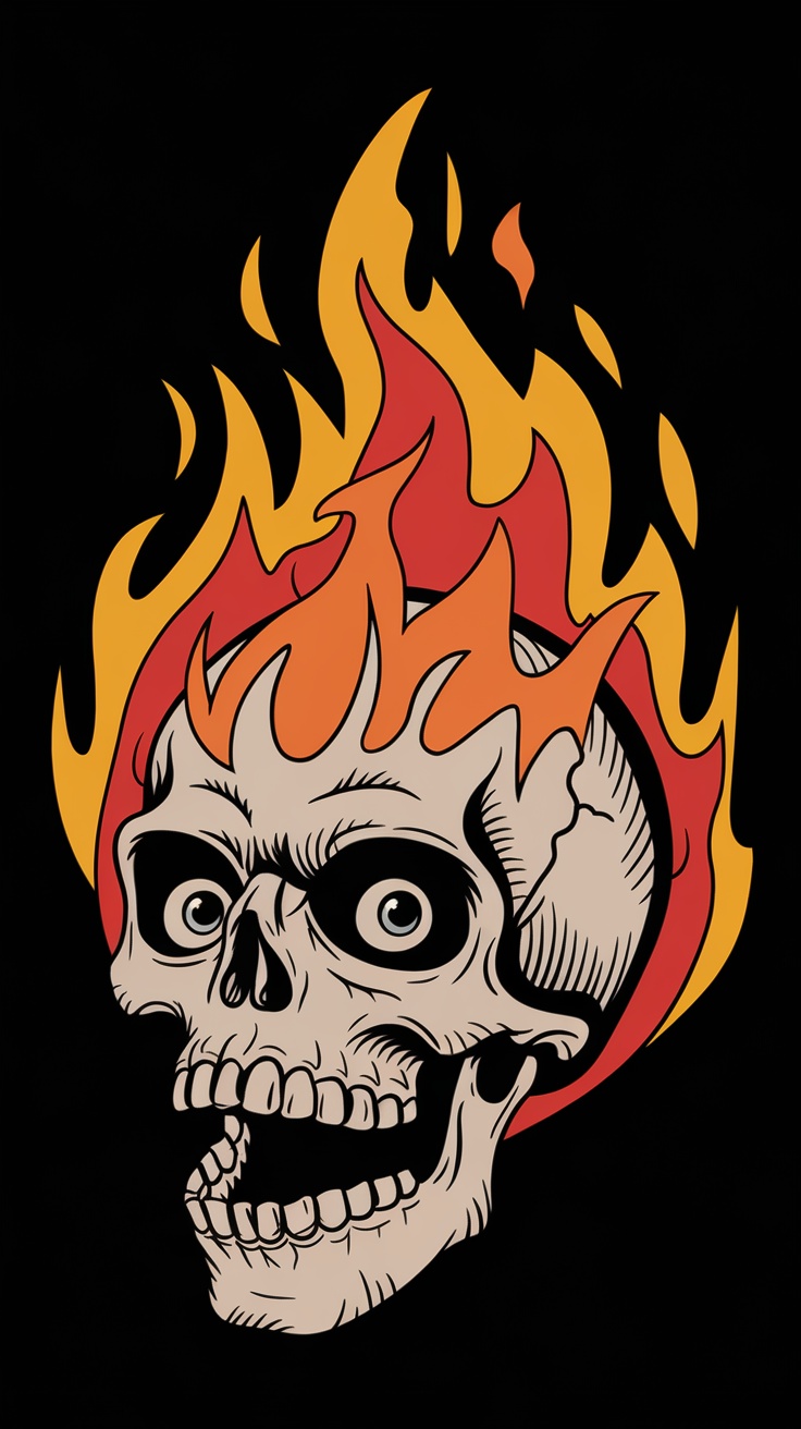 A flaming skull tattoo design showcasing vibrant flames around a skull.