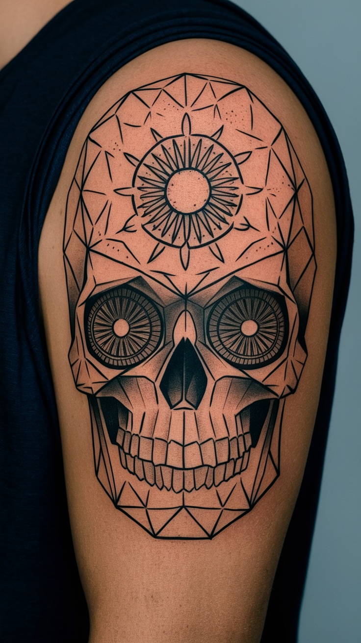 Geometric skull tattoo with mandala patterns on a man's arm