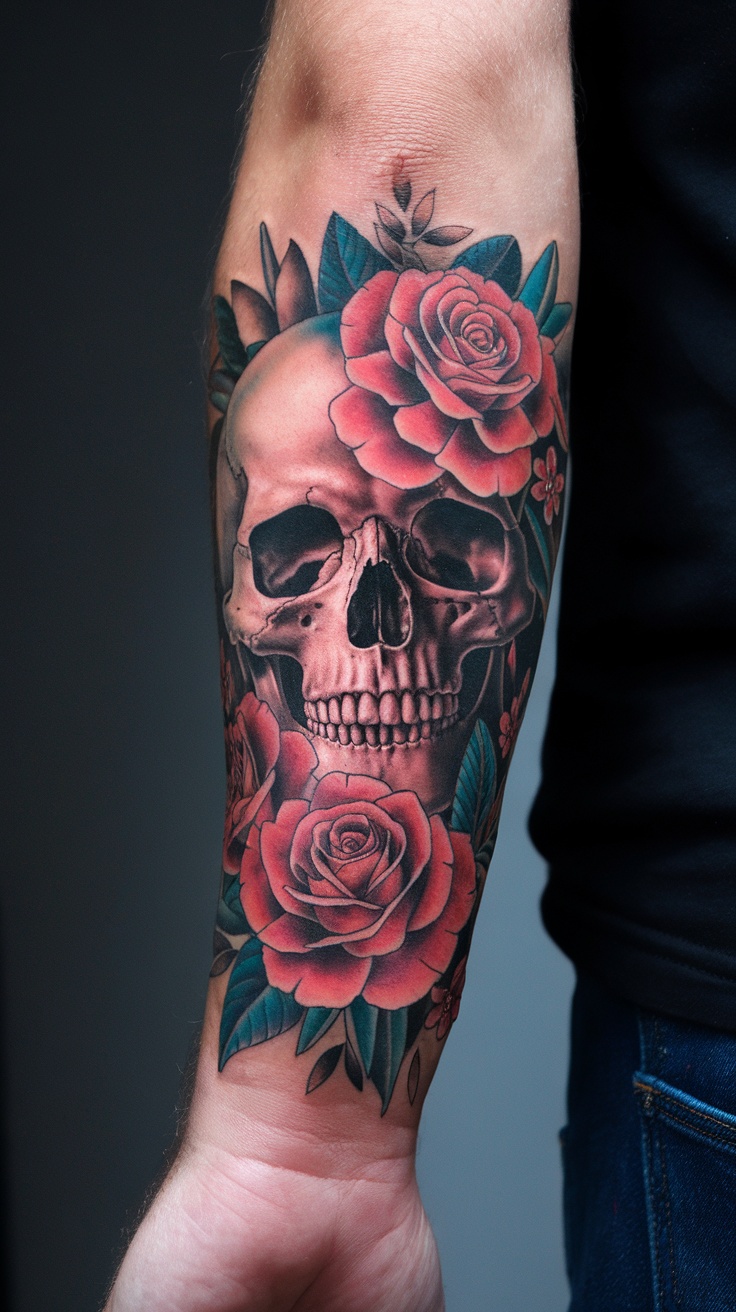 A tattoo of a skull surrounded by red roses on a man's forearm