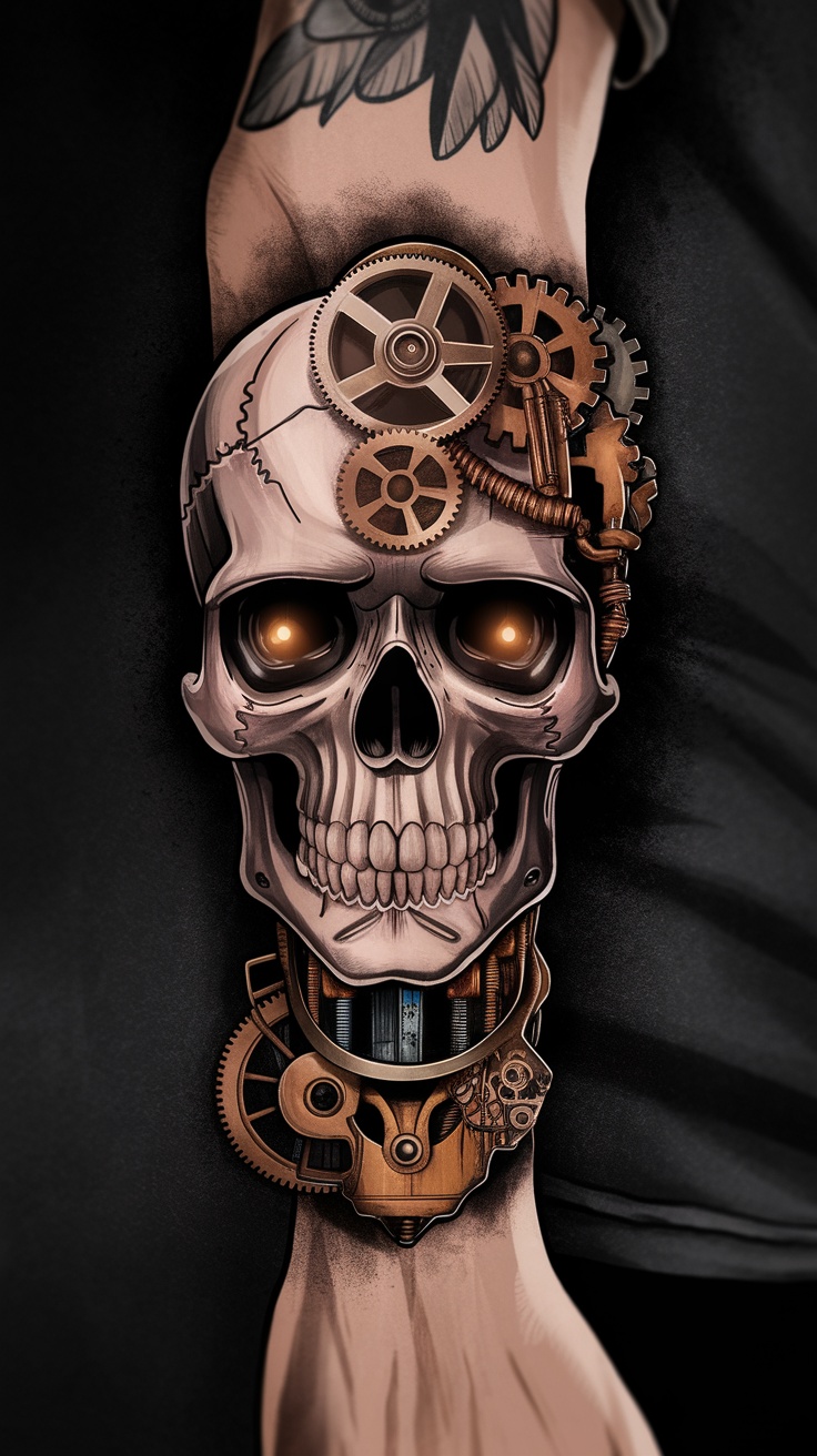 A tattoo of a mechanical skull with steampunk elements, featuring gears and glowing eyes.