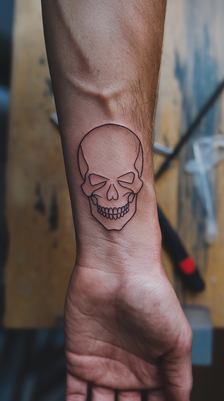 Minimalist outline skull tattoo on a man's forearm.