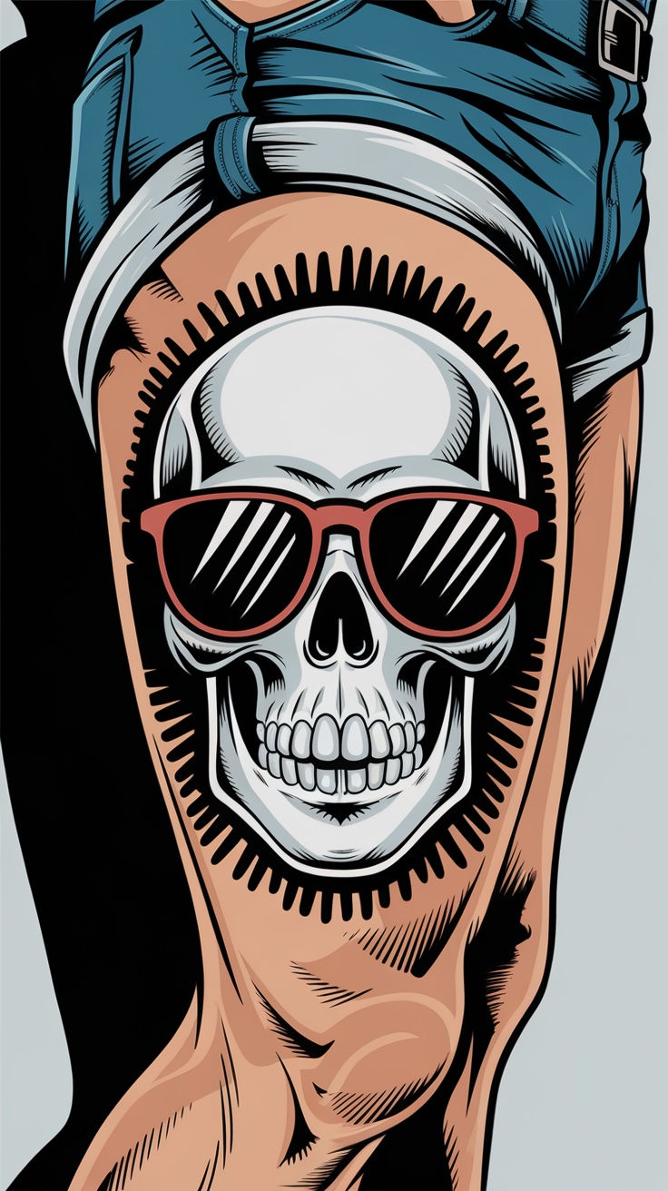 Tattoo design of a skull wearing sunglasses on a thigh