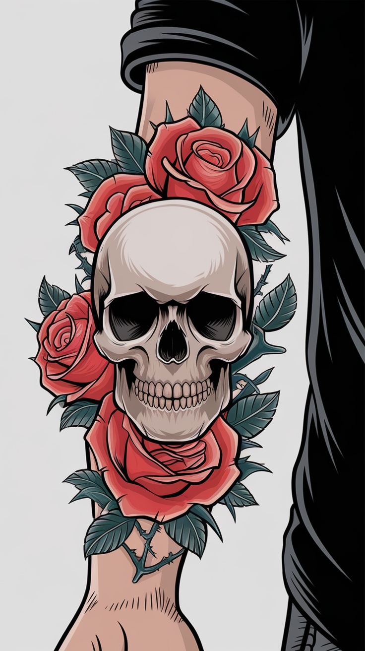 A detailed tattoo of a skull surrounded by red roses and green leaves on a person's arm.