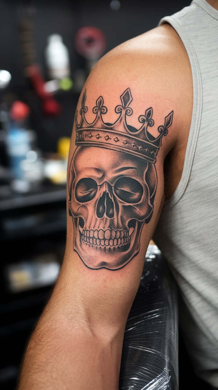 Tattoo of a skull with a crown on a man's arm