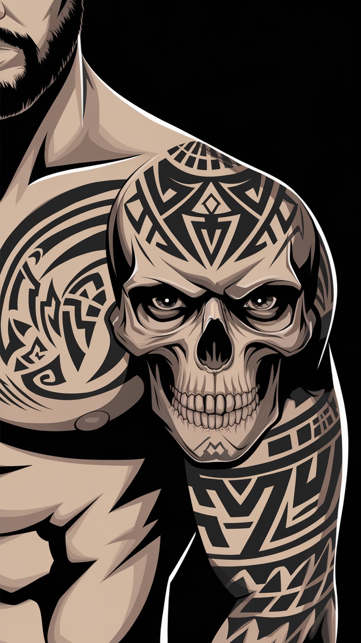 Skull tattoo with tribal patterns on a man's shoulder