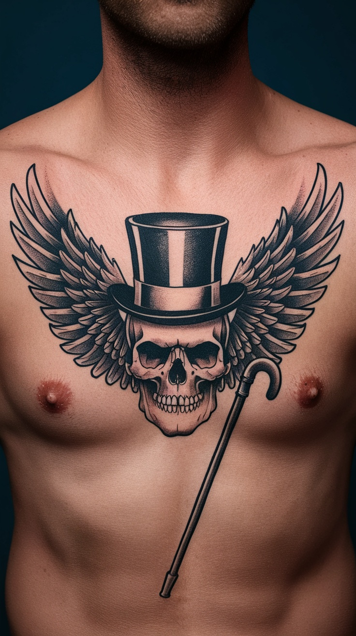 Tattoo of a skull with wings, a top hat, and a cane on a man's chest.