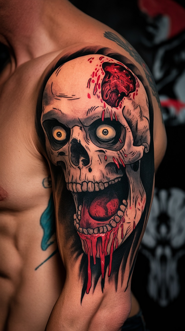 A detailed zombie skull tattoo on a man's shoulder, featuring wide eyes and dripping blood.