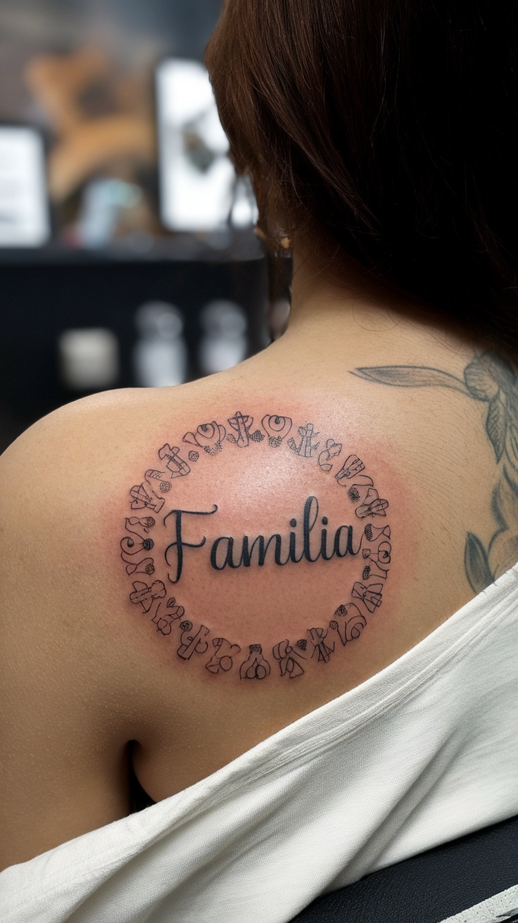 Tattoo of the word 'Familia' surrounded by decorative elements on a person's shoulder.