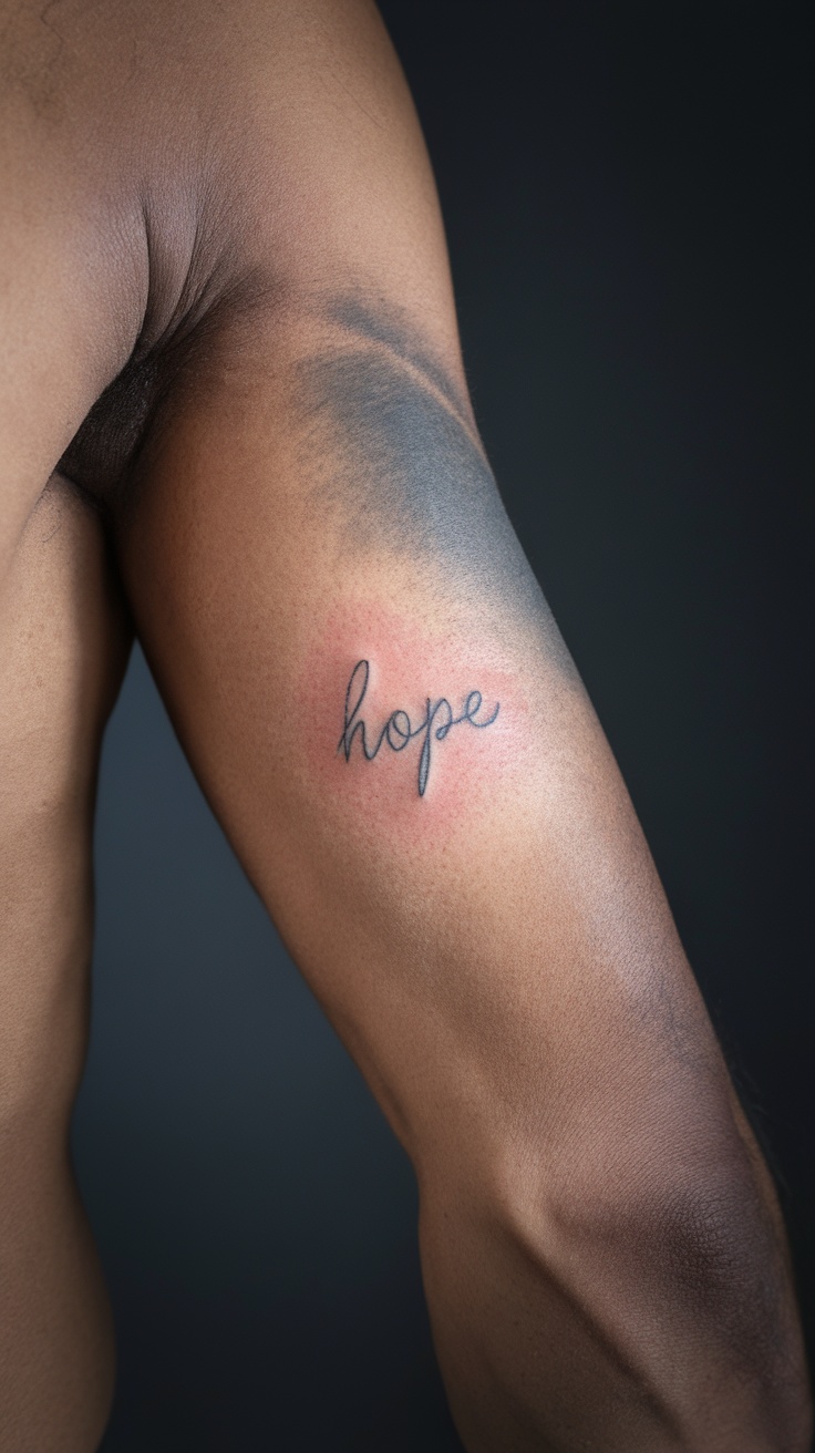 Tattoo on arm with the word 'hope'