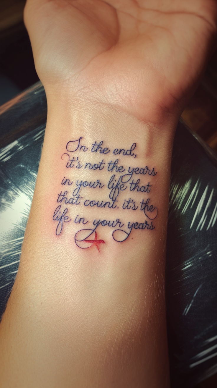 A tattoo on a wrist featuring a meaningful quote in elegant script