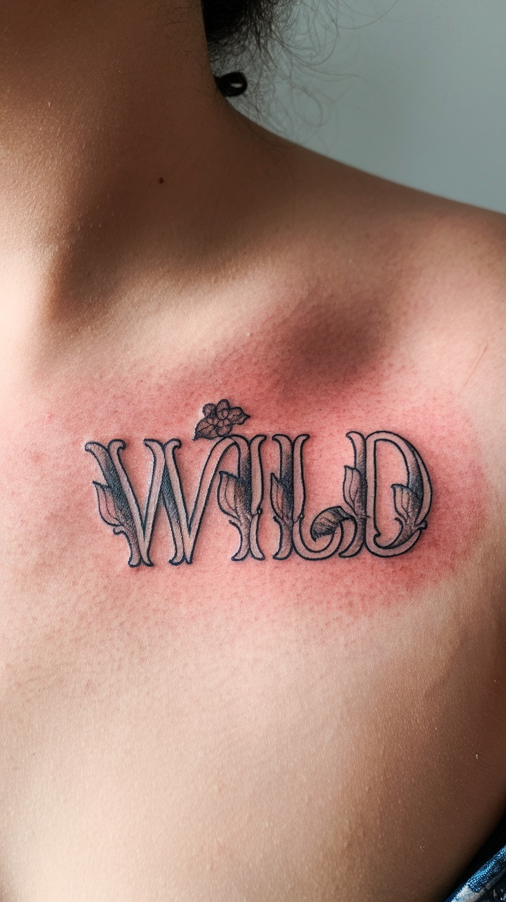 Close-up of a tattoo on skin, featuring the word 'WILD' with floral designs