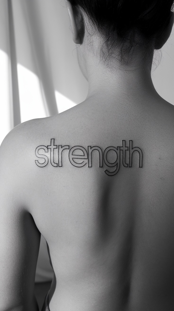 A tattoo on a person's back that reads 'strength' in bold letters.