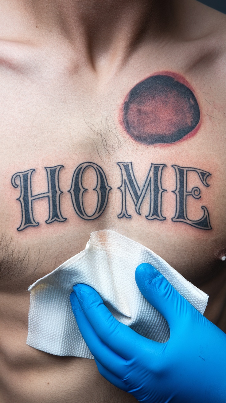 A tattoo of the word 'HOME' on a person's chest, with a blue-gloved hand cleaning the area around it.