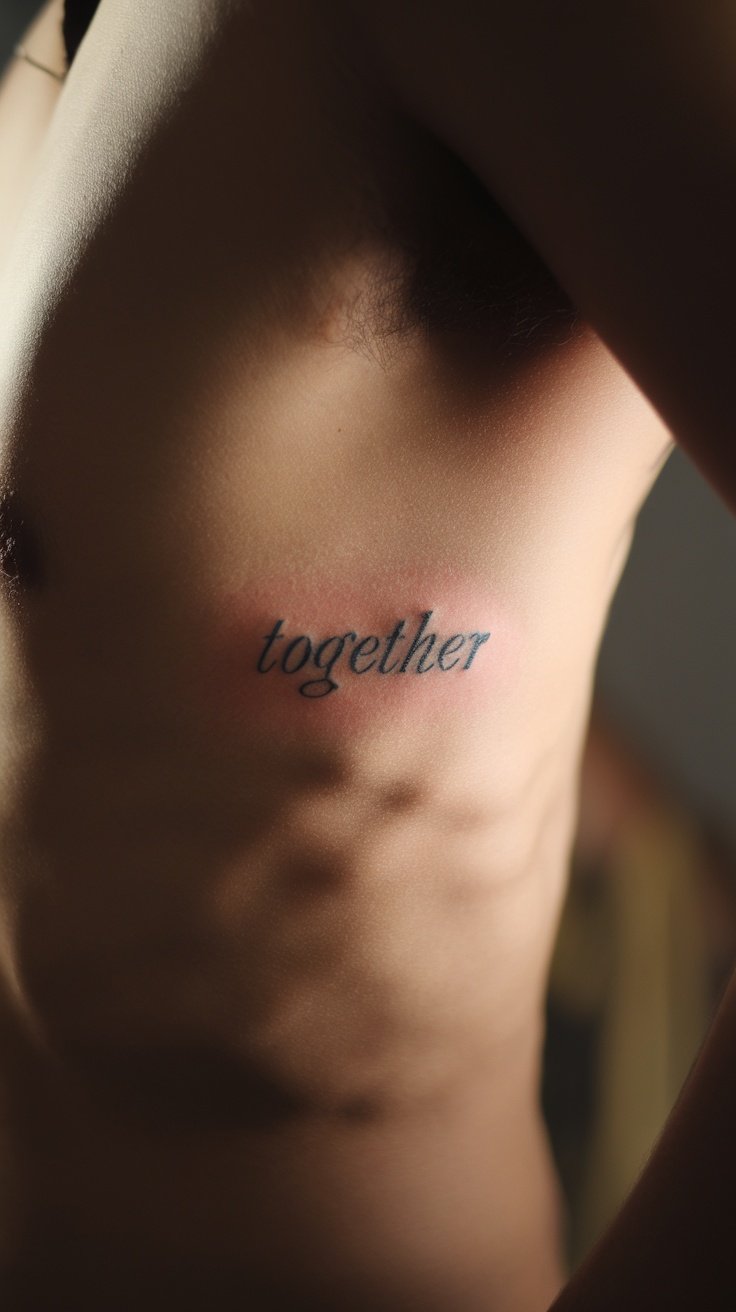 Close-up of a tattoo on the side of a person, reading 'together'