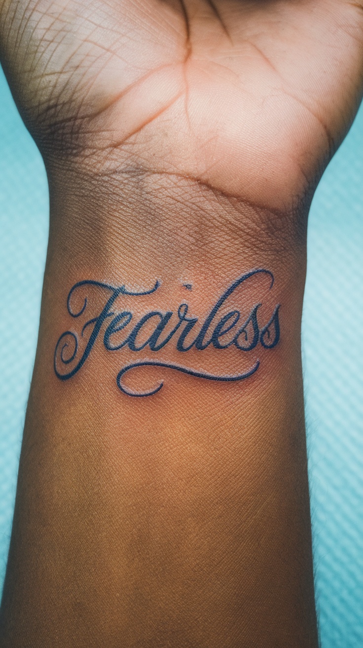 A close-up of a wrist tattoo that reads 'Fearless' in cursive script.