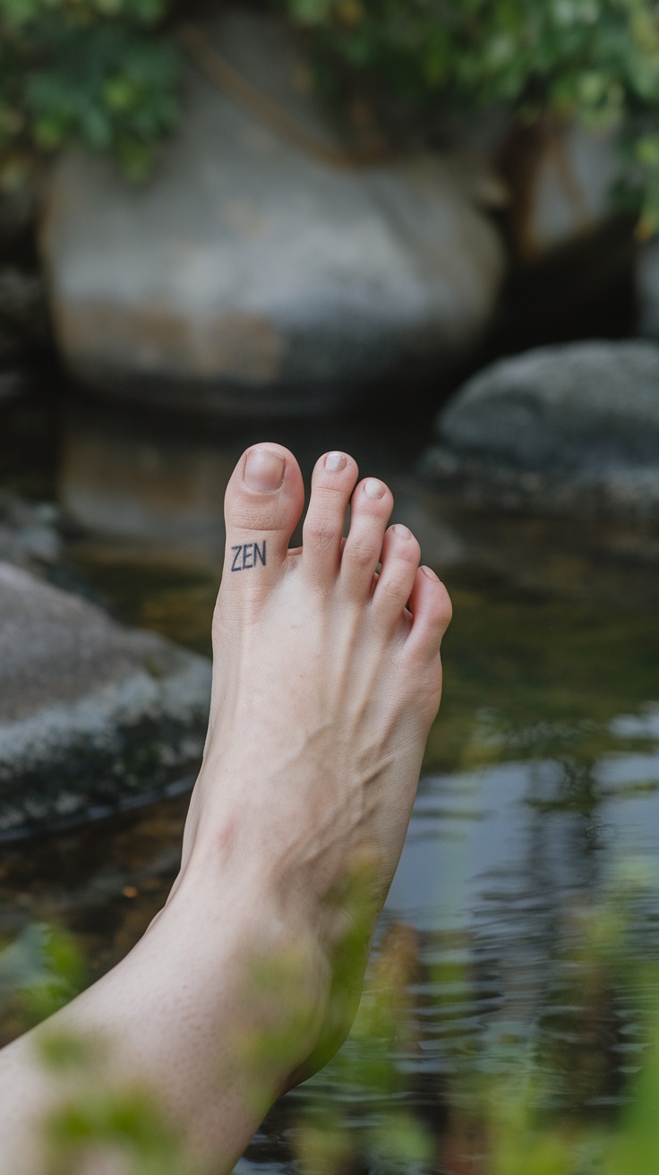 Foot with a tattoo that says 'ZEN' near a body of water