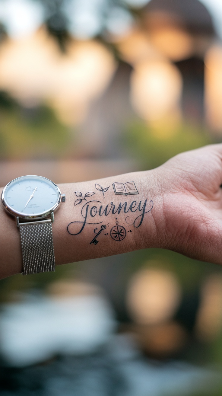 A close-up of a wrist tattoo featuring the word 'Journey' along with symbols like an open book and a compass.