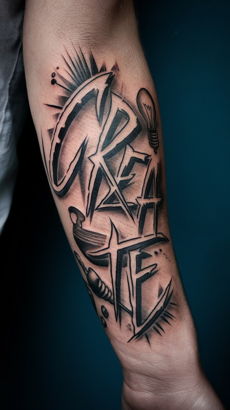 Tattoo of the word 'CREATE' on a forearm, featuring dynamic design and artistic elements.