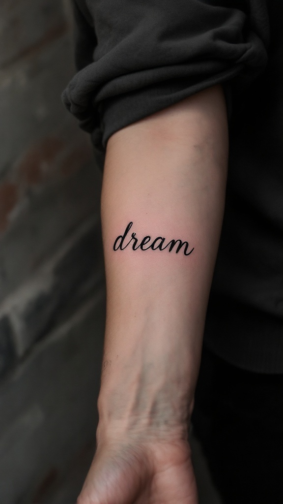 A tattoo of the word 'dream' in elegant script on a person's forearm.