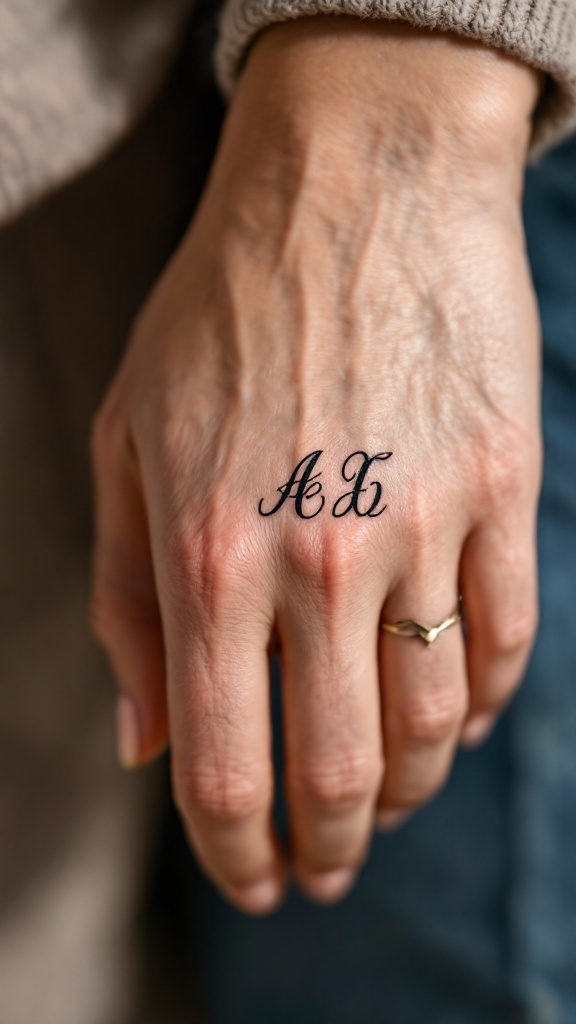 Close-up of a hand with the initials 'A' and 'J' tattooed on it.