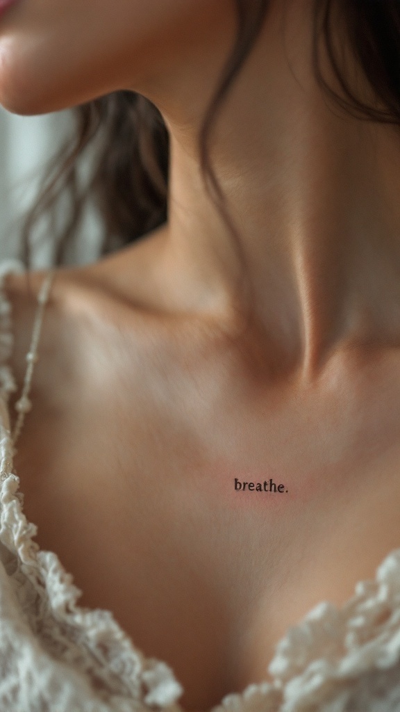 A delicate tattoo on a woman's collarbone that reads 'breathe.'