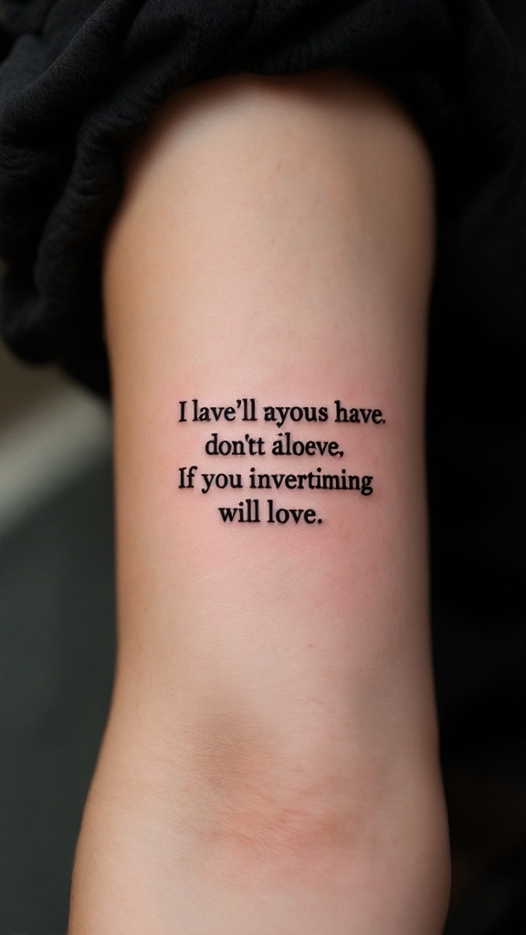 A close-up of a small tattoo featuring an inspirational quote about love.