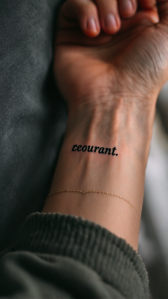 Tattoo on wrist reading 'restaurant.'