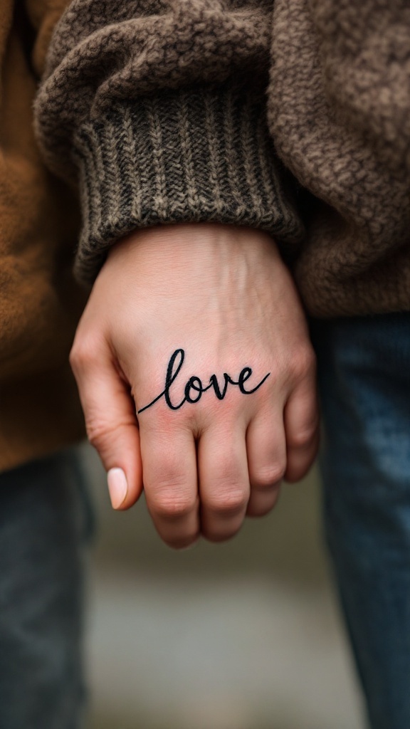 A hand displaying a tattoo of the word 'love' in cursive, held by another hand.