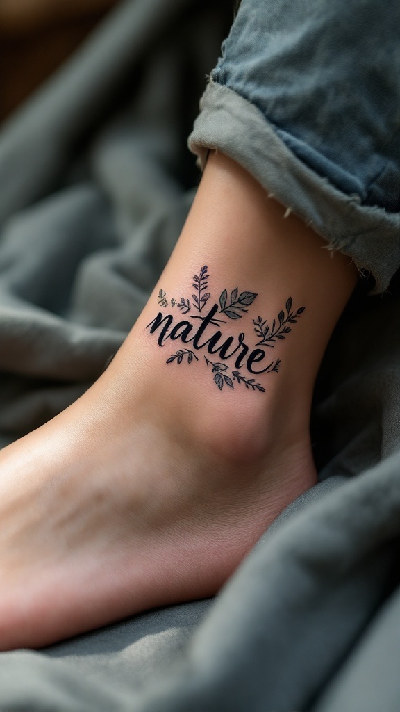 A small tattoo of the word 'nature' with leaves and floral elements on an ankle.