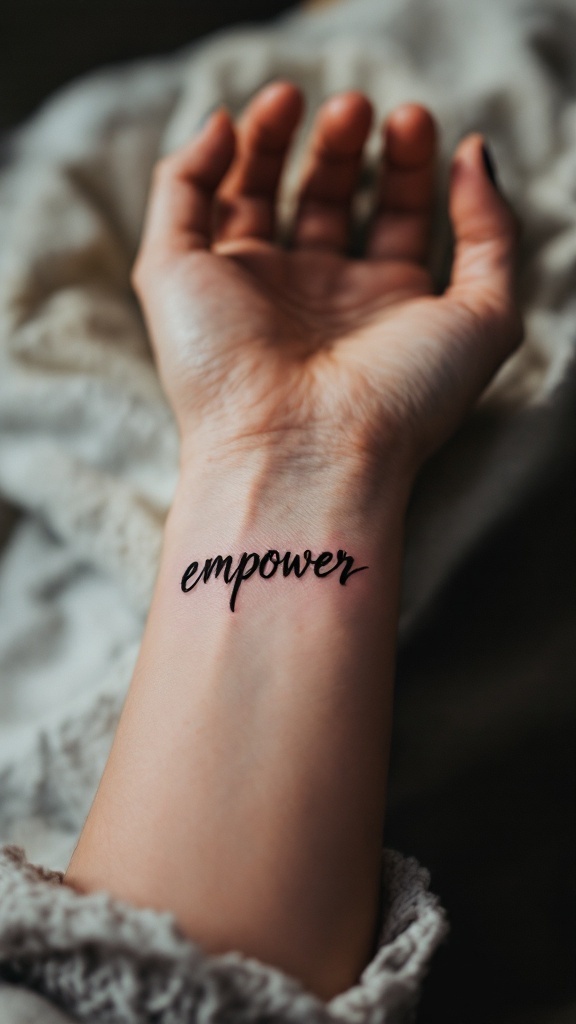 A close-up image of a hand with a tattoo of the word 'empower' on the wrist.