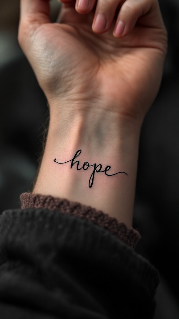 A wrist tattoo featuring the word 'hope' in elegant script.