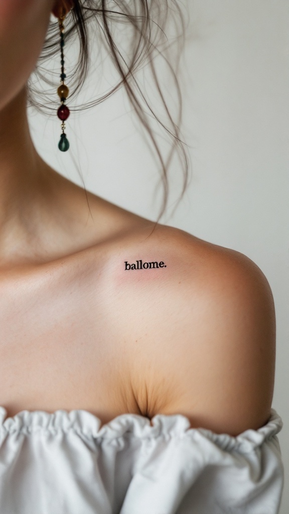 A close-up of a small tattoo on a person's shoulder with the word 'ballome.'