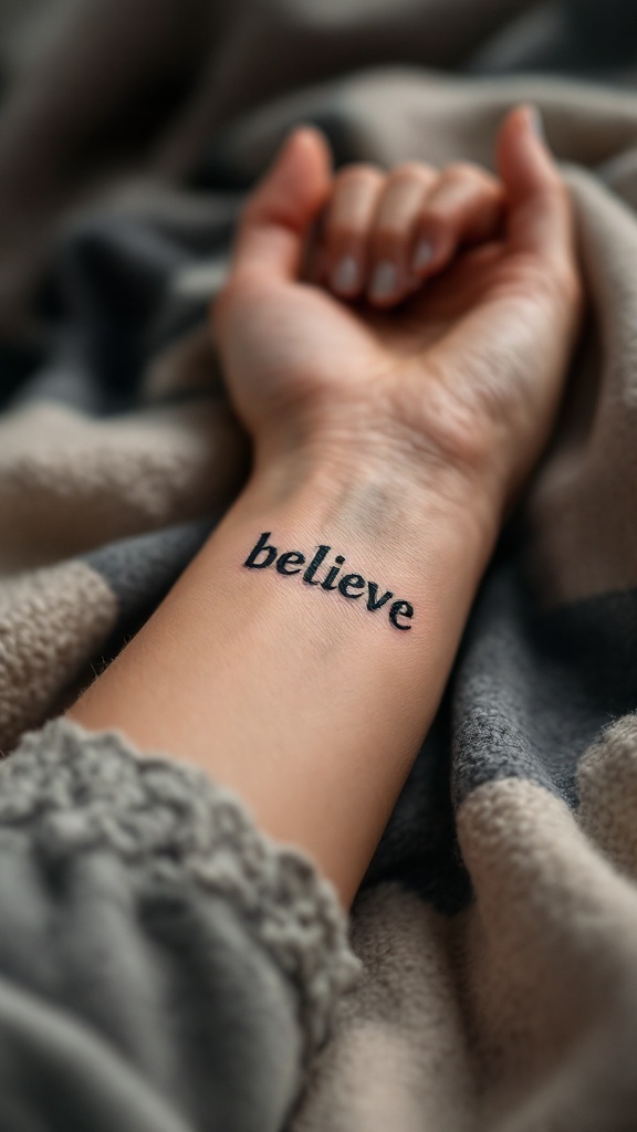 A close-up of a hand showing a small tattoo of the word 'believe' on the wrist.