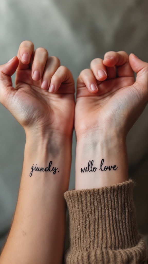 Two wrists with small word tattoos reading 'jiundy.' and 'willo love.'